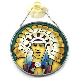 Vintage Stained Glass Native American Indian Headdress Sun Catcher w/ Suction